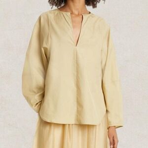 Vince Womens Beige Cotton V-Neck Lantern Sleeve Popover Blouse Top Size M